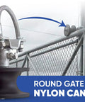 4-Inch Round Post To Two And A Half Inch Round Gate Nylon Cantilever Roller displayed beside chain link gate frame