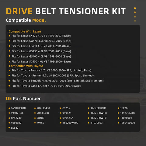 Premium Serpentine Belt Tensioner Idler Pulley Kit #38488 166200W100 fitment chart for Toyota and Lexus 4.7L V8