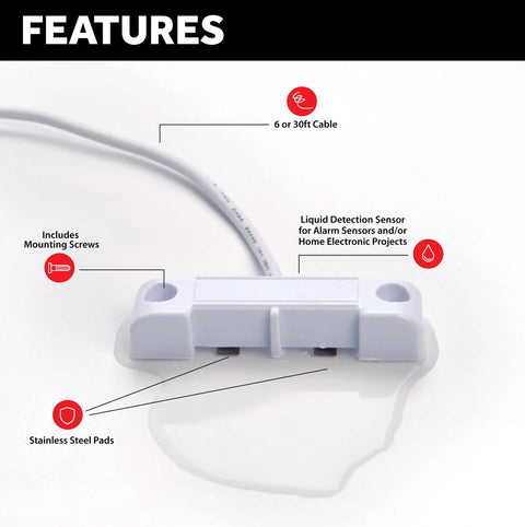 Floor Water Sensor With Six Foot Cable For Flood And Leak Detection, Alarm System Ready, shown with mounting screws and features