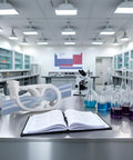 Laboratory setup with open book, beakers, and infusion bottles, featuring white tubing clamps on table