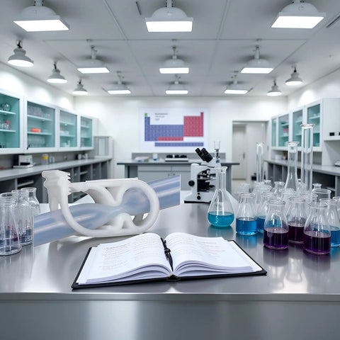 Laboratory setup with open book, beakers, and infusion bottles, featuring white tubing clamps on table