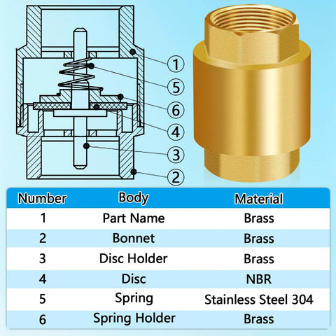 Boltigen solid brass spring check valve cross-section with 1-1/2 in NPT female threads; internal components visible.
