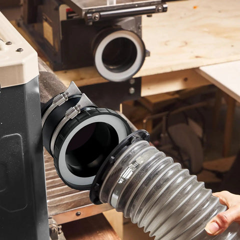 4 Inch Dust Collection Flex Cuff With Stainless Steel Hose Clamps for an airtight seal in woodworking setup