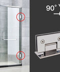 Heavy Duty Frameless Shower Door Hinges For Tempered Glass Doors Pro Grade Steel Pivot Pin shown on glass panel with smooth 90 degree swing.