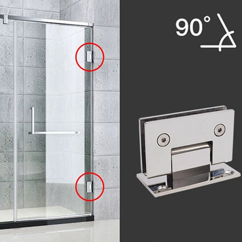 Heavy Duty Frameless Shower Door Hinges For Tempered Glass Doors Pro Grade Steel Pivot Pin shown on glass panel with smooth 90 degree swing.
