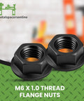 M6 X 1.0 Black Zinc Flange Nuts 25 Pack, close-up view of heavy duty fasteners with black zinc coating.