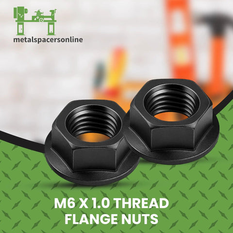 M6 X 1.0 Black Zinc Flange Nuts 25 Pack, close-up view of heavy duty fasteners with black zinc coating.