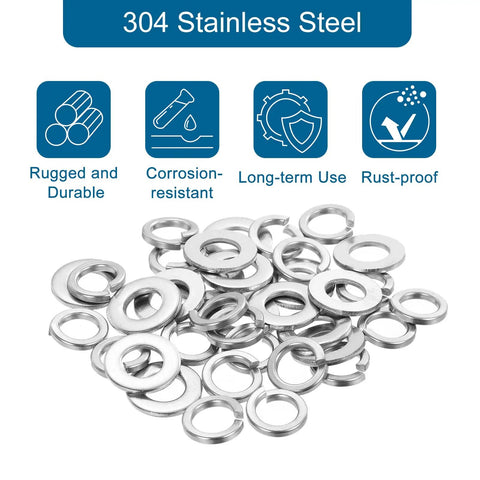 M10 Stainless Steel Split Lock Washer And Flat Washer Kit 100 Pcs 304 Grade Rust Resistant 50 Split Lock Washers And 50 Flat Washers For Auto Machinery And DIY Projects, 304 stainless steel washers