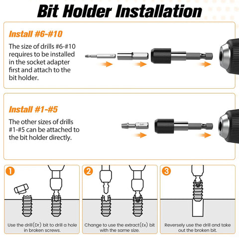 Diagram showing bit holder installation for Damaged Screw Extractor Set For Pros And DIYers 22 Pc Easy Out Stripped Screw Remover Kit.