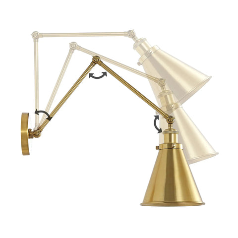 Swing Arm Wall Lamp In Warm Brass Gold Finish With Up And Down Lighting Adjustable Metal Shade For Bedroom Nightstand Reading Hardwired Living Room Hallway Kitchen Decor, shown in adjustable positions.