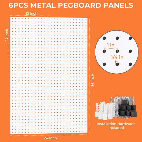 Badass Heavy Duty Metal Pegboard Wall Storage Kit With 90 Pieces Of Hooks Bins Cups Paper Towel Holder And Steel Tray For Garage Workshop Organization, 6 metal pegboard panels, 12"x24", installation hardware included.