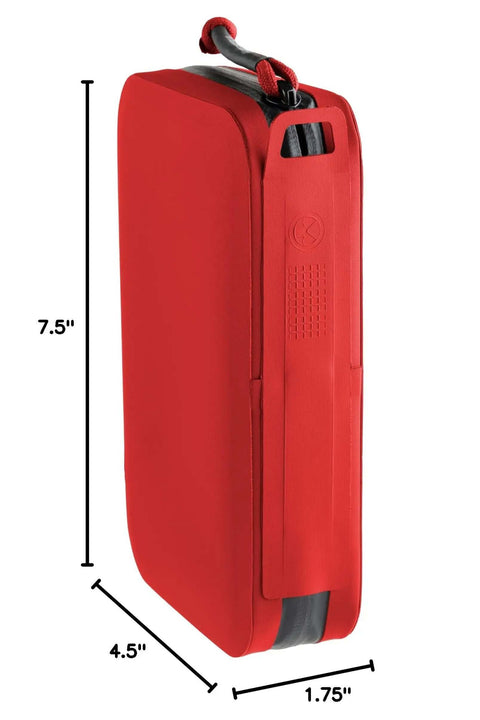 Ultra Slick Compact Semi Rigid Utility Organizer Case Built Tough With Weather Resistant Shell For Quick Tool Kit First Aid Electronics And Sweet Travel Gear Stash In Bold Red, shown from the side with dimensions