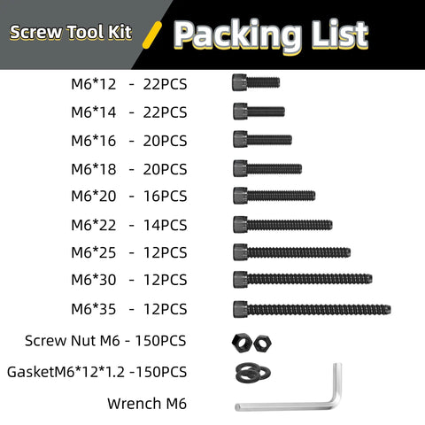 Packing list for Ultimate M6 Hardware Kit With Nuts And Washers 450 Piece Set showing screws, nuts, washers, and wrench.