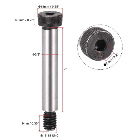 Alloy Steel Hex Socket Shoulder Bolts With 2 Inch Shoulder Length And 3/8 Inch Shoulder Diameter 5/16-18 UNC Thread 6 Pack