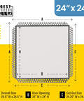 24 By 24 Inch Flush Drywall Access Panel With Sleek Aluminum Face, Quick Mud In Flange, Welded Frame, Removable Hatch Door, Secure Touch Latches, No Sweat Setup For Hella Smooth Walls And Tight Spot Repairs dimensions on display.