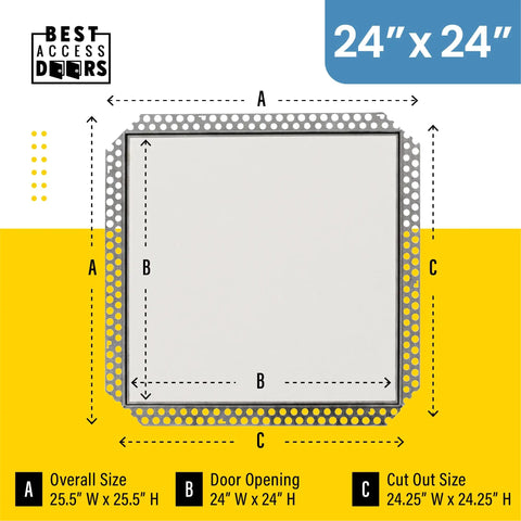 24 By 24 Inch Flush Drywall Access Panel With Sleek Aluminum Face, Quick Mud In Flange, Welded Frame, Removable Hatch Door, Secure Touch Latches, No Sweat Setup For Hella Smooth Walls And Tight Spot Repairs dimensions on display.