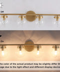 Gold Bathroom Vanity Light 28 Inch Four Light Fixture With Clear Glass Globes, Hand Painted Gold Finish, on and off view