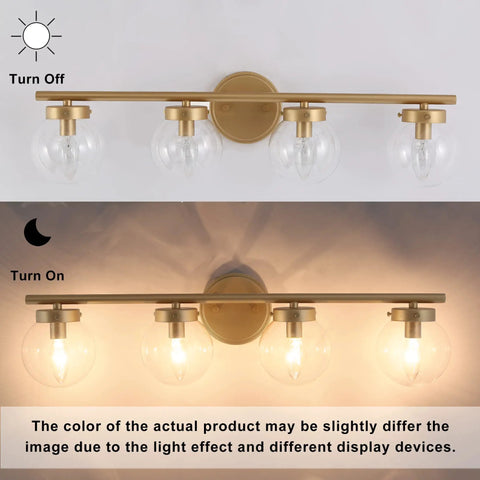 Gold Bathroom Vanity Light 28 Inch Four Light Fixture With Clear Glass Globes, Hand Painted Gold Finish, on and off view
