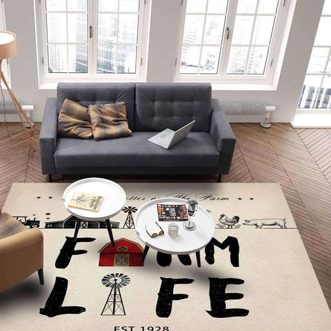 Farmhouse Living Room Rug 2.7 x 5 Feet Non Slip Machine Washable Floor Mat For Indoor Bedroom Nursery Kids Room Doormat Decor Cozy Farmhouse Vibe With Windmill Tractor Chickens Barn Theme shown in a living room setting with sofa and table.