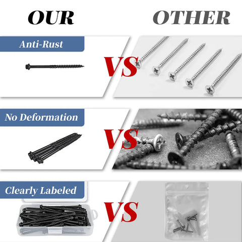Heavy Duty Kickass 50 Pack 4 Inch Lag Screws Structural Wood Fasteners comparison showing anti-rust, no deformation, and labeled packaging.