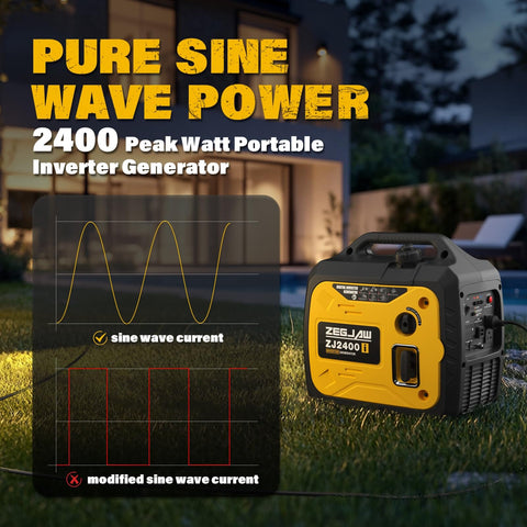 2400-Watt Portable Inverter Generator For Home Use beside sine wave diagram, illustrating pure sine wave power.