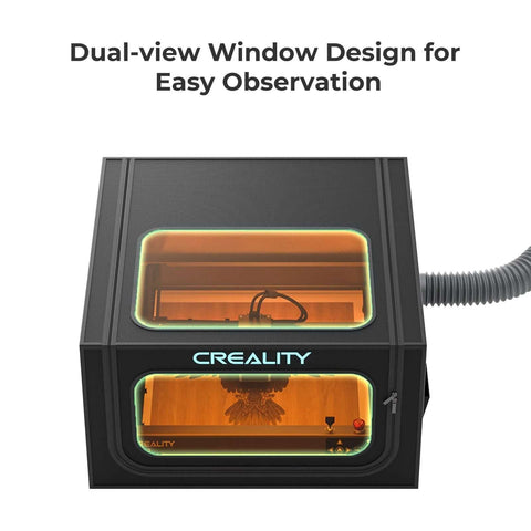 Creality laser engraver enclosure 2.0, black metal with dual-view windows and vent hose