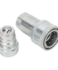 Bulletproof Hydraulic Quick Coupler 1 Inch Npt With Iso5675 Plug And Play Feature Delivers 4000 Psi Load Capacity With Rock Solid Hardened Steel Body Made For Farming Tractors Excavators Logging At 24 Gpm, showing two metal quick connect fittings.