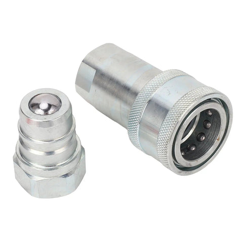Bulletproof Hydraulic Quick Coupler 1 Inch Npt With Iso5675 Plug And Play Feature Delivers 4000 Psi Load Capacity With Rock Solid Hardened Steel Body Made For Farming Tractors Excavators Logging At 24 Gpm, showing two metal quick connect fittings.