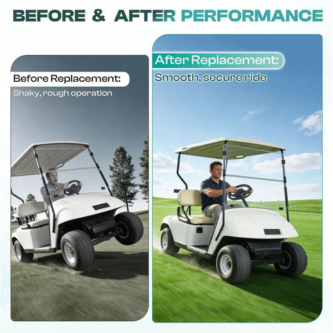 Golf cart before and after using EZGO TXT Rear Leaf Spring Bushings Kit For 1994 And Up Gas And Electric Golf Carts