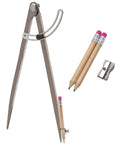 12 Inch Heavy Duty Woodworking Compass With Quick Draw Wing Divider And Clip On Pencil Rest and two pencils and sharpener.