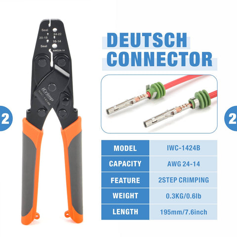 DC02 8 Piece Wire Crimp Kit For Deutsch Connectors And Weather Pack Terminals with connector removal tools.