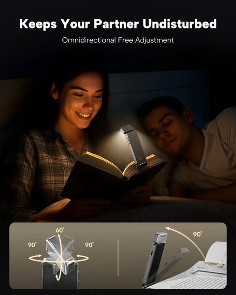 Man and woman in bed reading with Rechargeable Clip-On Reading Light With 3 Color Temperatures And Stepless Dimming, Grey.