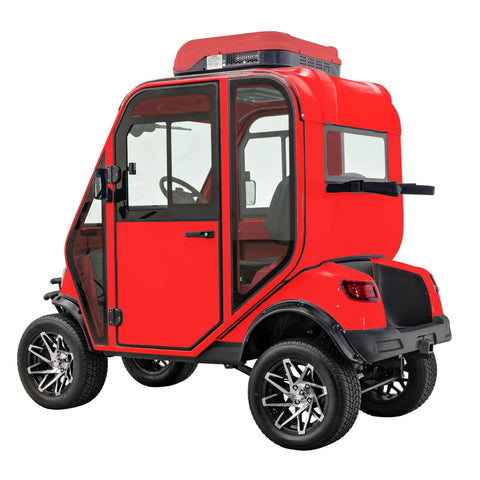 Rugged Electric Golf Cart Featuring True HVAC Heating And Climate Control 48V Ac Motor Smooth Handling Chassis glossy red rear view