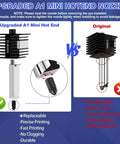 Comparison of upgraded A1 Mini hotend nozzle and original, highlighting features of the 2 Pack Pro Grade Hotend Kit For A1 And A1 Mini 3D Printer.