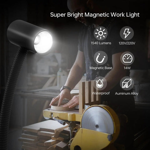 Heavy Duty 1540 Lumen LED Magnetic Work Light With Flexible Gooseneck And Strong Magnetic Base Waterproof IP65 Aluminum Housing For Lathe And Drill Press 14W 120V shown with woodworking equipment
