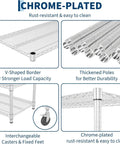 Details of Heavy Duty Four Tier Metal Wire Storage Rack with chrome-plated finish, thickened poles, and locking casters.