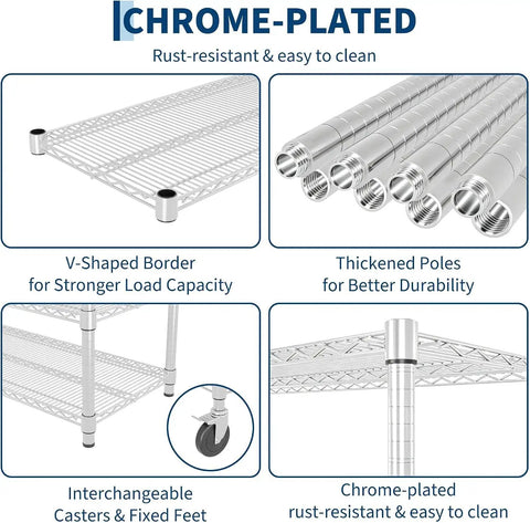 Details of Heavy Duty Four Tier Metal Wire Storage Rack with chrome-plated finish, thickened poles, and locking casters.