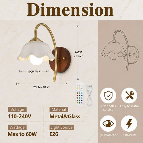 Vintage Wireless Wall Sconces Set of Two Dimmable Rechargeable Wall Sconce with metal and glass dimensions and remote control.