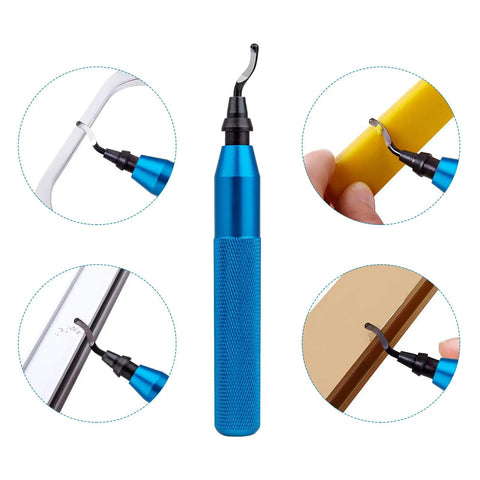 Precision Deburring Tool With 10 High Speed Steel BS1010 Blades For Effortless Edge Burr Removal On Copper Iron Aluminum And 3D Printing Plastics Including Resin Art Projects Durable Blue Handle displayed with various cutting angles.
