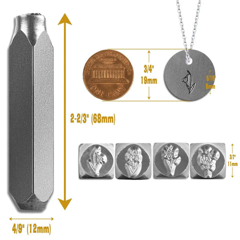 Image showing the Birth Month Flower Metal Stamping Kit with a close-up of punch stamps, size comparisons, and metal disc engraved with a flower.