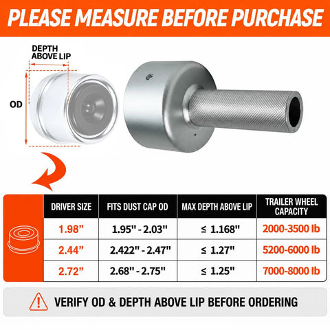 Image showing the Top Tier Trailer Dust Cap Installation And Removal Tool for 2.72 Inch Axle grease cover puller specifications.