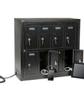 Eight Door Smartphone Charging Locker Featuring Sturdy Steel Build And Handy Power Outlets with phone and tablet charging in view.