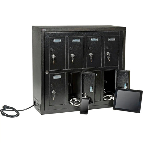 Eight Door Smartphone Charging Locker Featuring Sturdy Steel Build And Handy Power Outlets with phone and tablet charging in view.