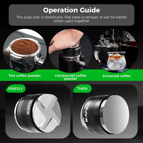 Operation guide showing 53mm Coffee Distributor And Hand Tamper with Adjustable Depth for Espresso Fits 53mm and 54mm Portafilters.