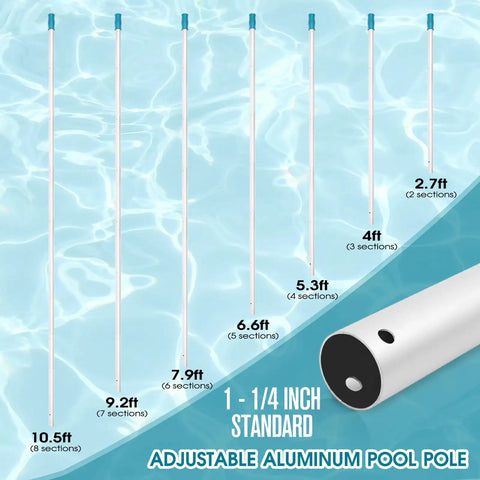 All In One Pool Cleaning Kit With Ten Foot Adjustable Aluminum Pole Seventeen And A Half Inch Skimmer Net And Seventeen And A Half Inch Curved Wall Brush Head For Inground And Above Ground Pools No Fuss Debris Cleanup showing adjustable aluminum pool pole with various lengths