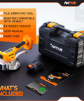Cordless Tile Vibration Tool Kit With 9 Speeds And 110 Lb Suction Cup, battery adapter, and hard case displayed