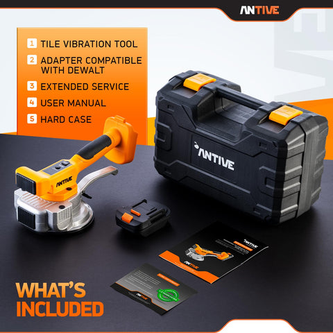 Cordless Tile Vibration Tool Kit With 9 Speeds And 110 Lb Suction Cup, battery adapter, and hard case displayed