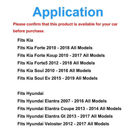 Compatibility list for 2 Pack 510093 Front Wheel Bearing Kit for Kia Forte, Forte5, Soul and Hyundai Elantra, Veloster