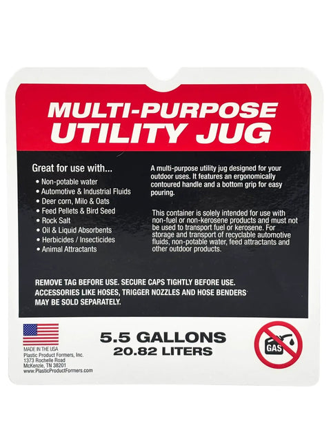 Label of 5.5 Gallon Utility Container Kit With 2 Deluxe Hoses And Get Bent Hose Bender Camo 2 Pack detailing usage and specifications