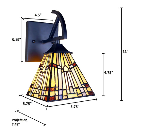 Mission Tiffany Style 1 Light Wall Sconce In Blackish Bronze With Multicolor Glass 6 Inch, size dimensions displayed